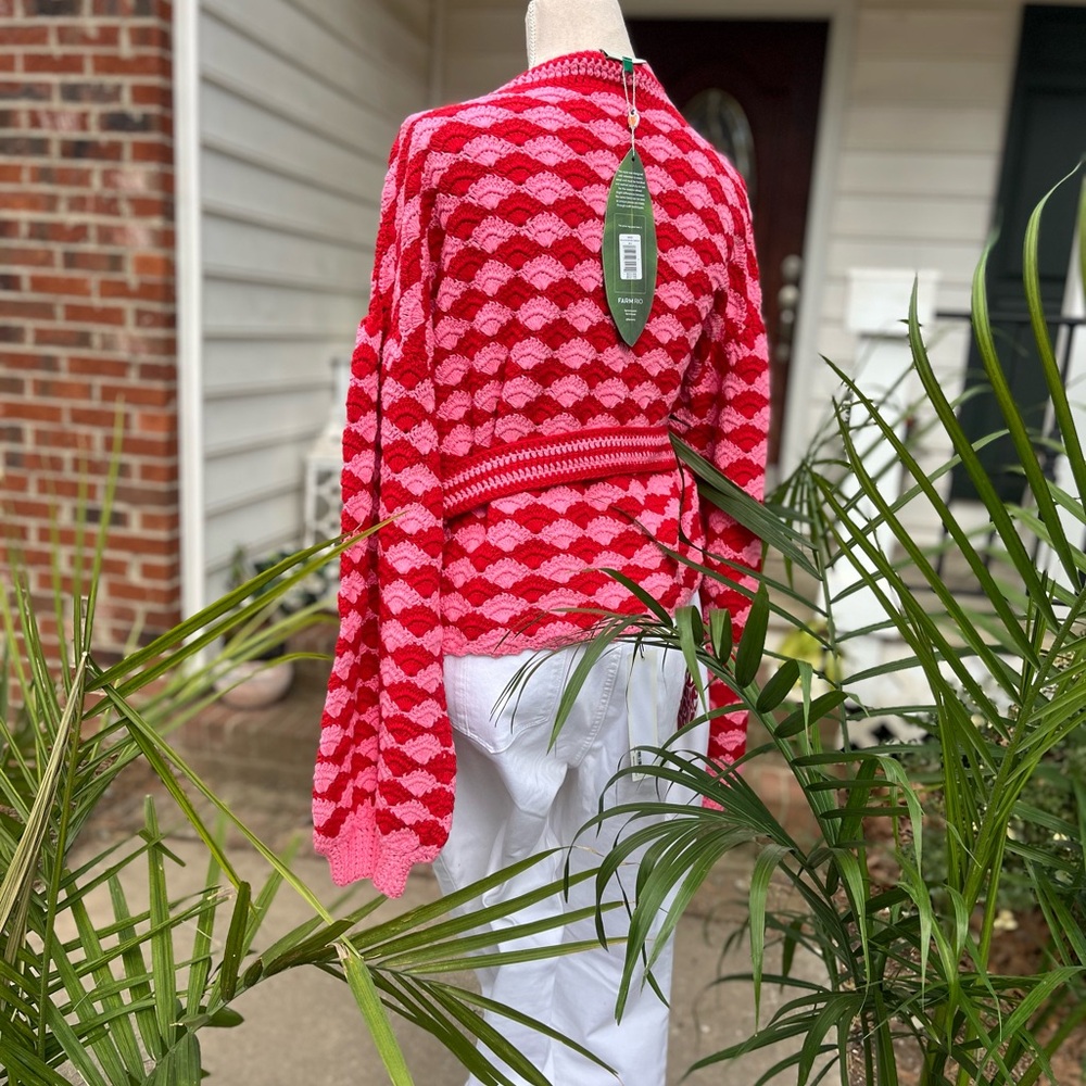 FARM Rio 🍃 HTF ✨ Fan Stitch Belted Crochet Cardigan, Red + Pink, Size Large, NEW - Picture 11 of 14